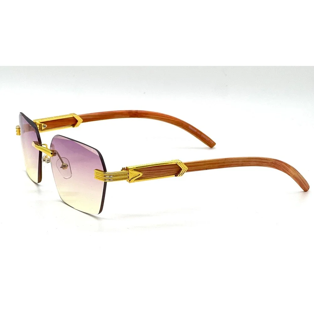 Frameless Men Rectangle Sunglasses Gold Buffs Migos Purple Yellow Gradient Lens